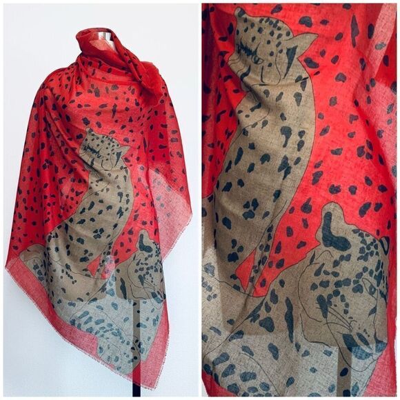Vintage Cheetah Leopard Animal Red Square Scarf Polka Dot Large - Picture 1 of 7